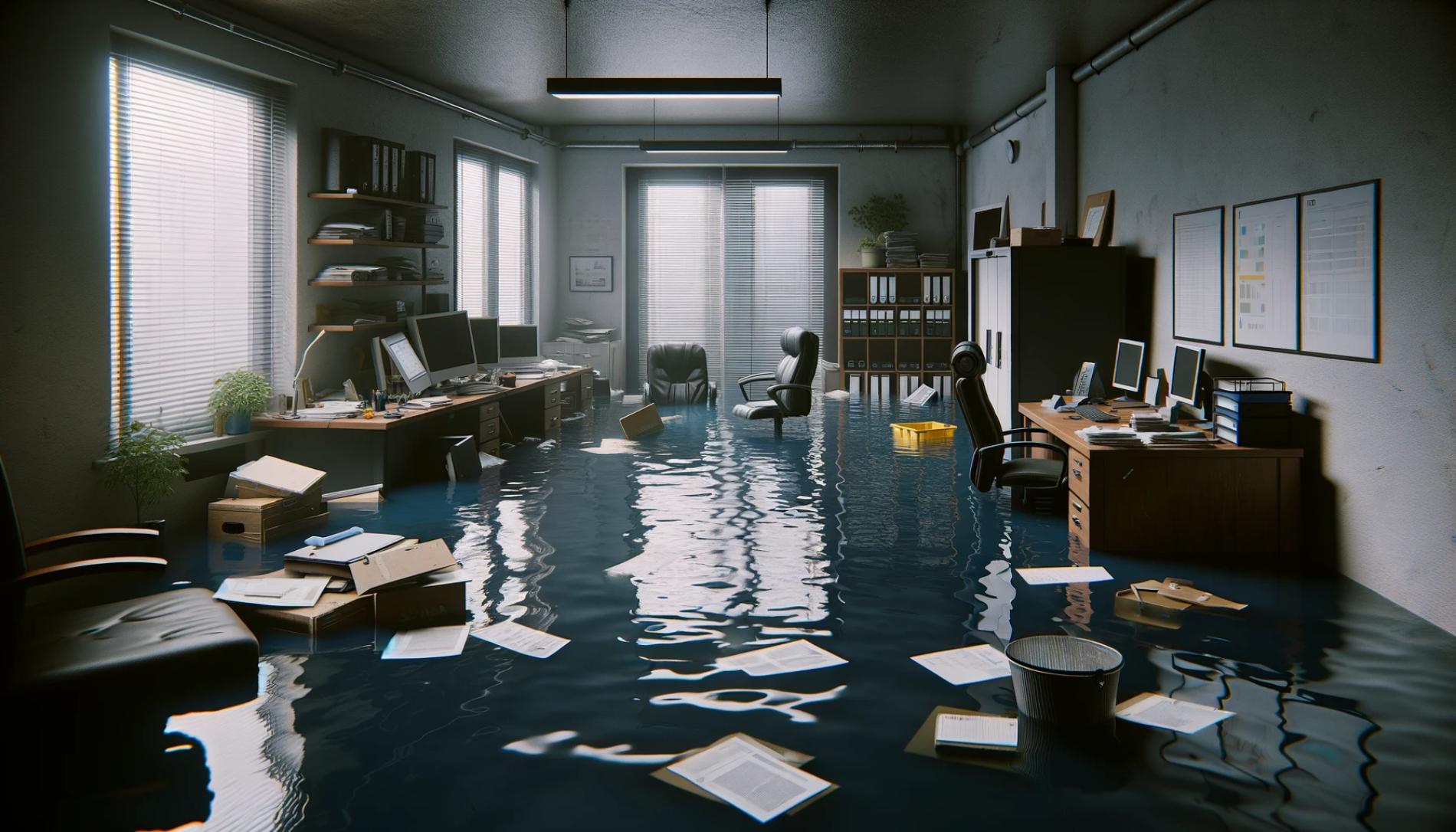 Et oversvømt kontor med papirer som flyter